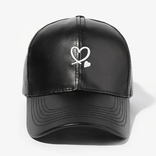 Leather Baseball Cap with Embroidered Heart Design