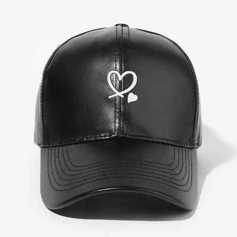 Leather Baseball Cap with Embroidered Heart Design