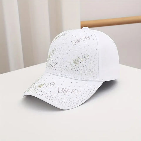 Cotton Baseball Cap with Rhinestone Love Letters