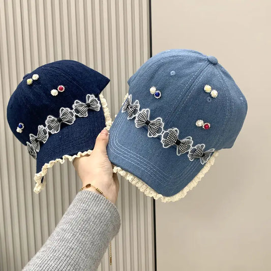 Baseball Cap with Imitation Pearls and Bowknot Embellishments