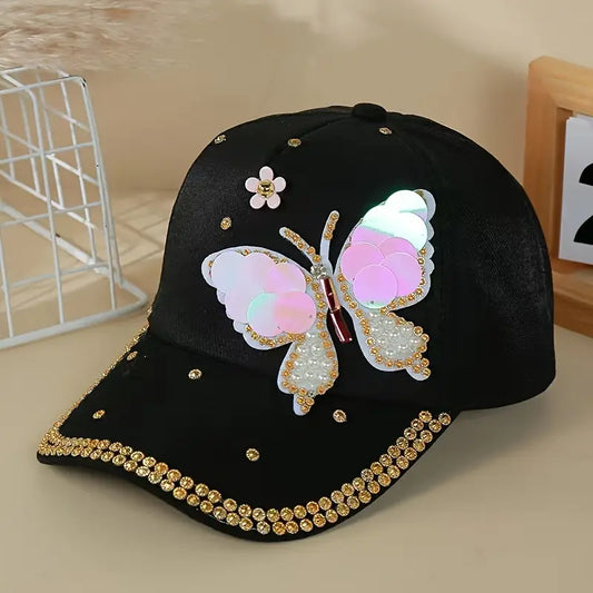 Cotton Baseball Cap with Rhinestone Butterfly