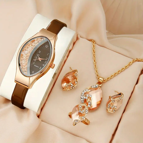 Quartz Watch Combo with Peacock Motif - Includes Necklace, Earrings & Adjustable Ring