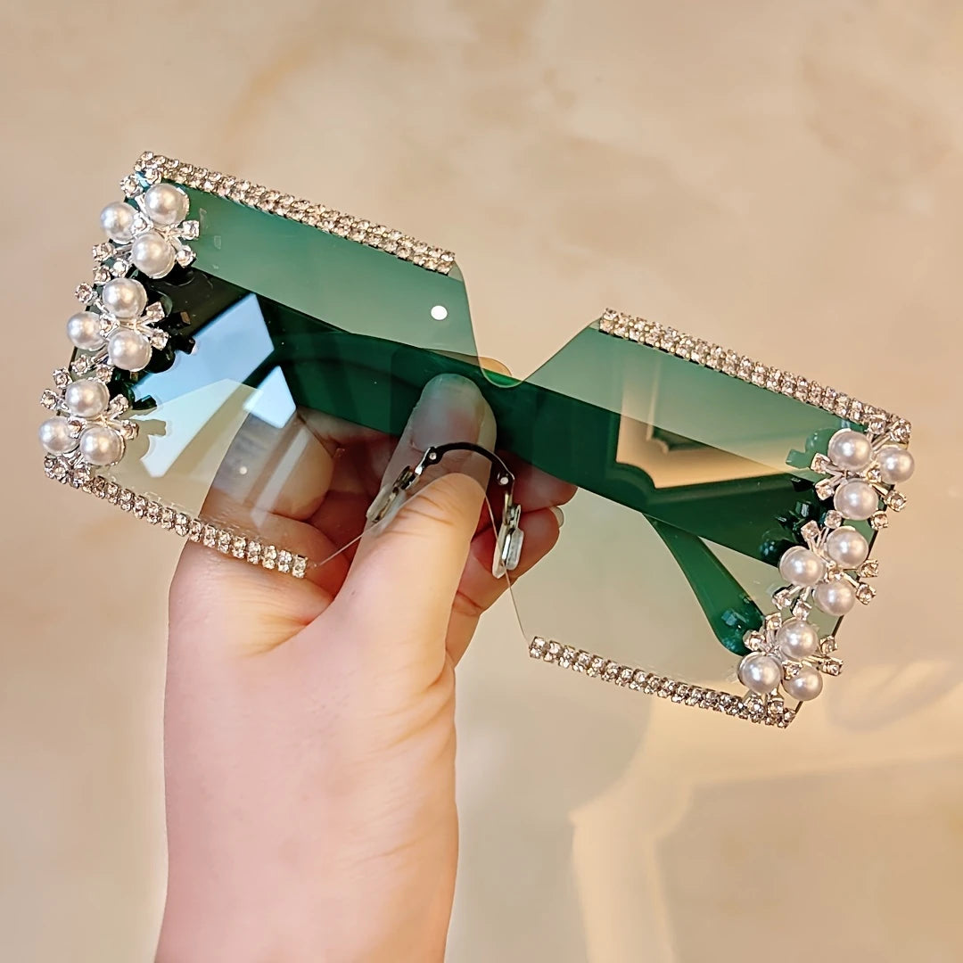 Elegant Flower Decor No Frame Square Luxury Rhinestone Glasses