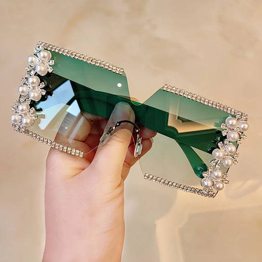 Elegant Flower Decor No Frame Square Luxury Rhinestone Glasses