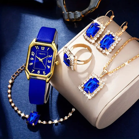 Women Fashion Retro PU Leather Band Quartz Watches+Crystal Jewelry Set