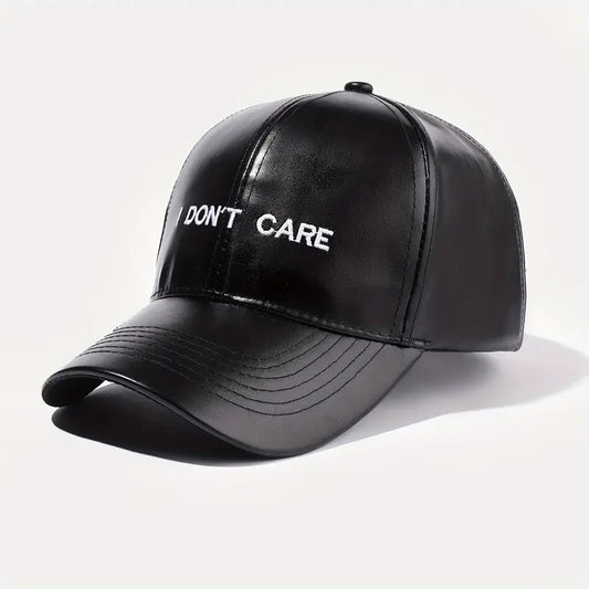 I DON'T CARE Slogan Embroidered PU Leather Baseball Cap