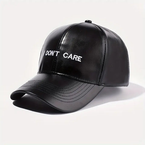 I DON'T CARE Slogan Embroidered PU Leather Baseball Cap