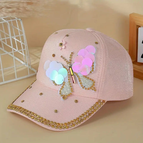 Cotton Baseball Cap with Rhinestone Butterfly