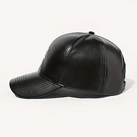 Leather Baseball Cap with Embroidered Heart Design