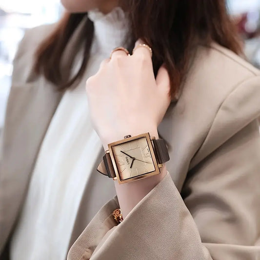 Large Square Quartz Watch With Classic PU Leather