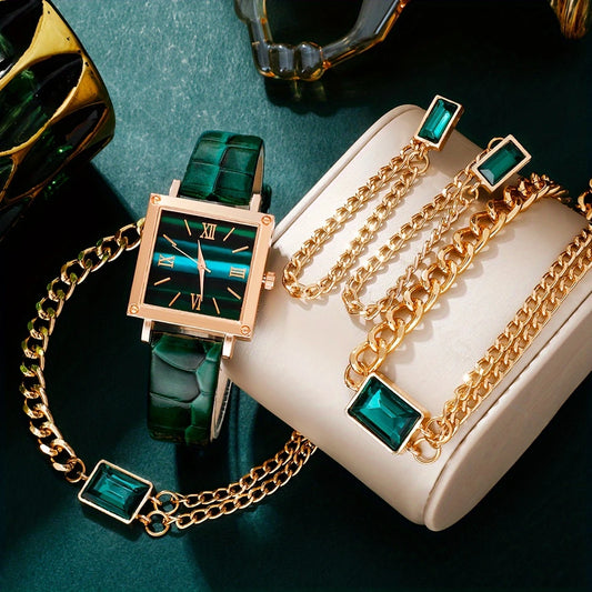 5pcs/Set Casual Simple Pointer Square  Watch Set With  PU Leather Strap