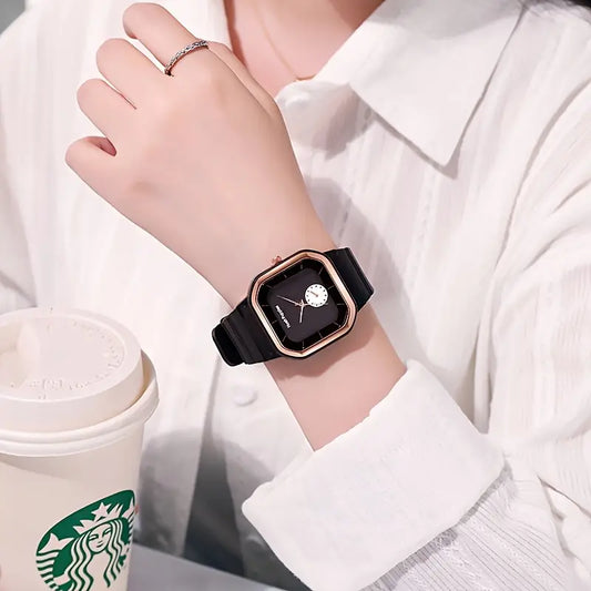 Minimalist Square Quartz Watch With Soft Flexible Plastic Strap