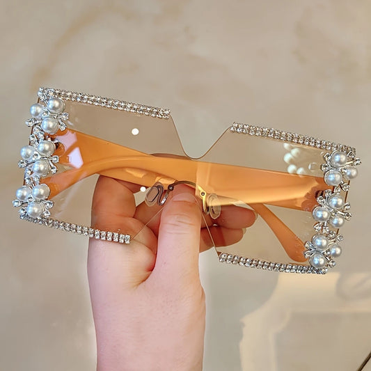Elegant Flower Decor No Frame Square Luxury Rhinestone Glasses