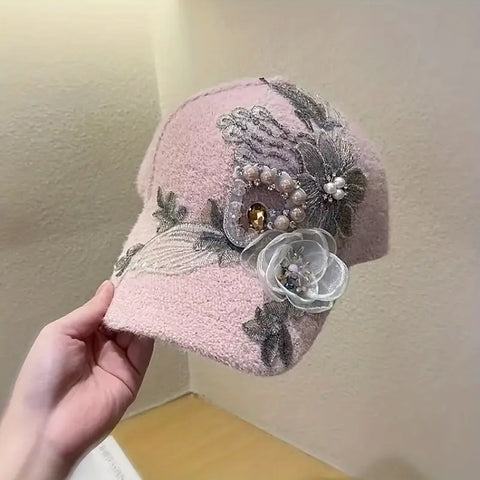 Elegant Korean-Style  Baseball Cap with Floral Diamond