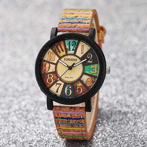 Stylish Casual Quartz Watch with  Wooden-Like Textured Band