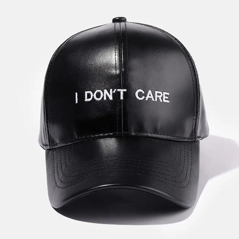 I DON'T CARE Slogan Embroidered PU Leather Baseball Cap
