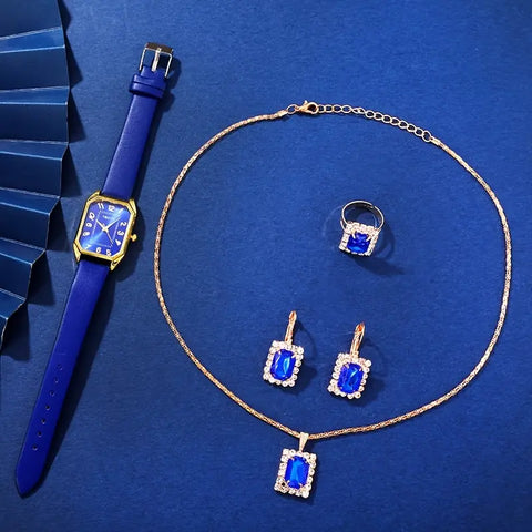 Women Fashion Retro PU Leather Band Quartz Watches+Crystal Jewelry Set