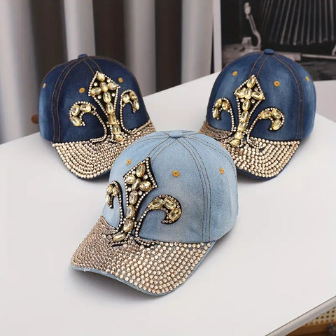 Luxury Rhinestone Embellished Denim Baseball Cap