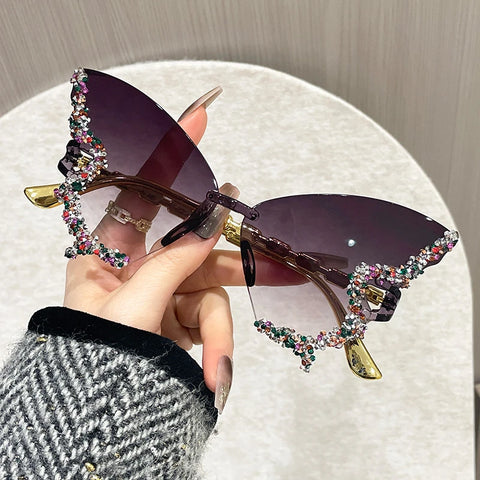 Butterfly-Shaped Rimless Glasses with Sparkling Rhinestone Accents