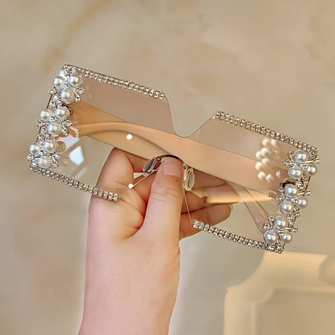 Elegant Flower Decor No Frame Square Luxury Rhinestone Glasses