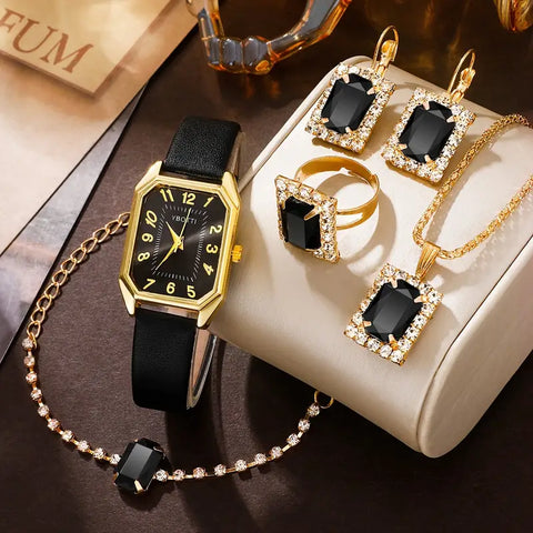 Women Fashion Retro PU Leather Band Quartz Watches+Crystal Jewelry Set