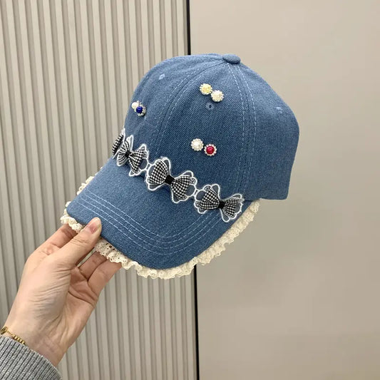 Baseball Cap with Imitation Pearls and Bowknot Embellishments