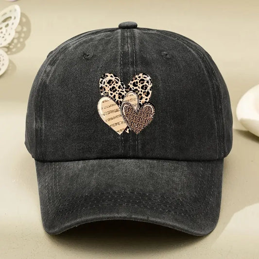 Three Leopard Print Heart Print  Washed Baseball Cap