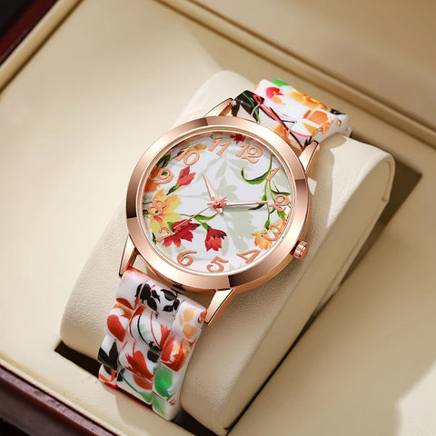 Fashionable Floral Print Silicone Band Wrist Watch