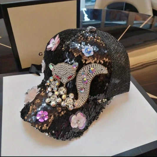 Baseball Cap with Rhinestones and Floral Embellishments