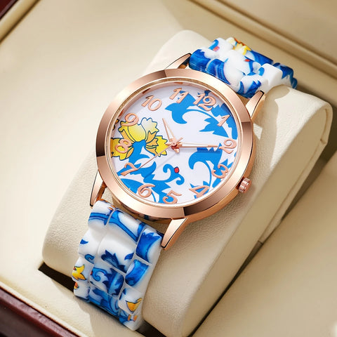 Fashionable Floral Print Silicone Band Wrist Watch
