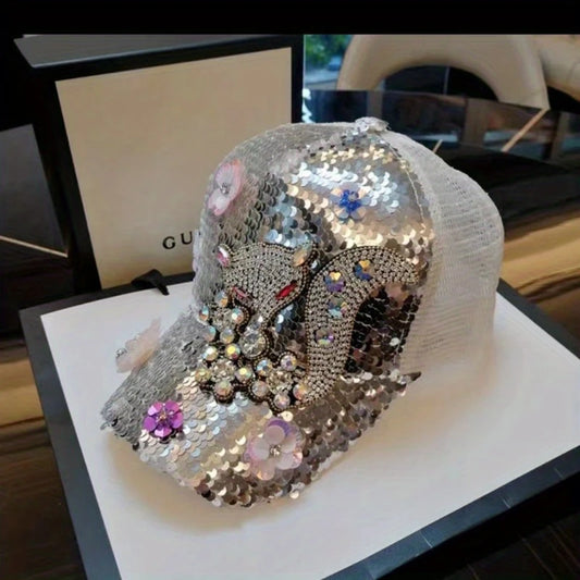 Baseball Cap with Rhinestones and Floral Embellishments
