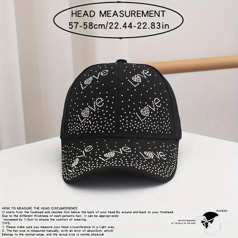 Cotton Baseball Cap with Rhinestone Love Letters