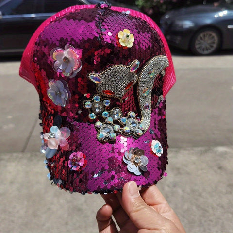 Baseball Cap with Rhinestones and Floral Embellishments