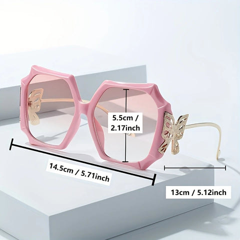 Geometric Oversized Pink Glasses with Butterfly Decoration