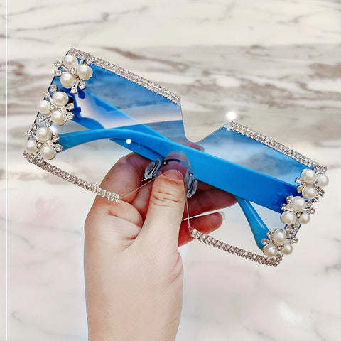 Elegant Flower Decor No Frame Square Luxury Rhinestone Glasses