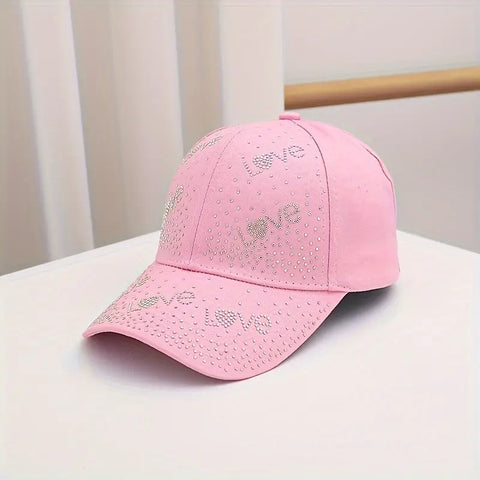 Cotton Baseball Cap with Rhinestone Love Letters