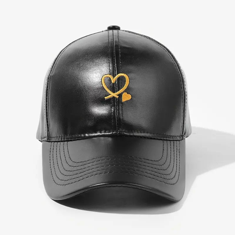 Leather Baseball Cap with Embroidered Heart Design