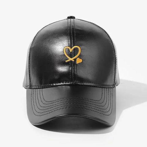 Leather Baseball Cap with Embroidered Heart Design