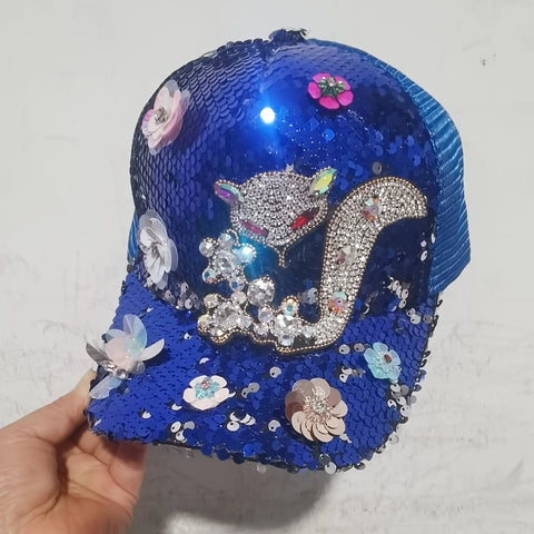 Baseball Cap with Rhinestones and Floral Embellishments