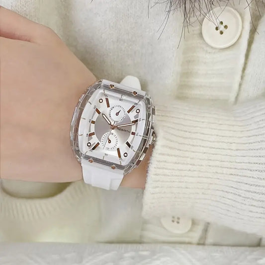 Elegant Tonneau Case Quartz Wrist Watch with Silicone Band
