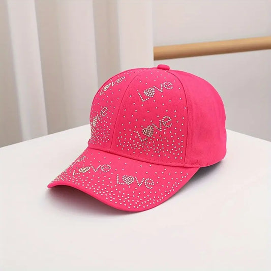 Cotton Baseball Cap with Rhinestone Love Letters