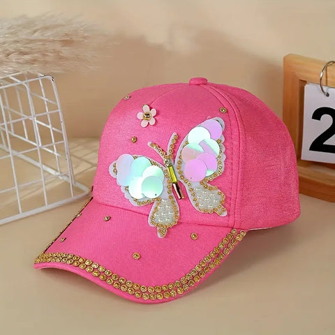 Cotton Baseball Cap with Rhinestone Butterfly