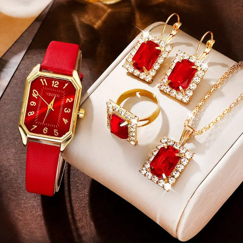Women Fashion Retro PU Leather Band Quartz Watches+Crystal Jewelry Set