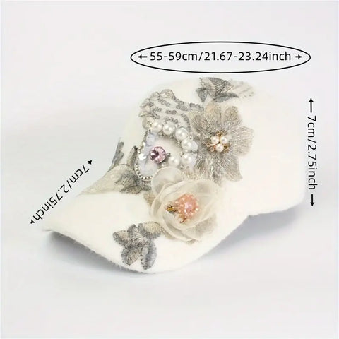 Elegant Korean-Style  Baseball Cap with Floral Diamond