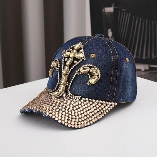 Luxury Rhinestone Embellished Denim Baseball Cap