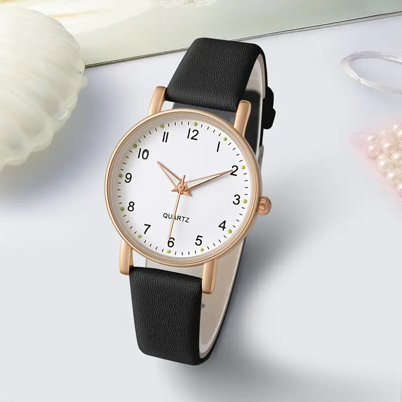 PU Leather Quartz Watch With Elegant Rose Gold Accents