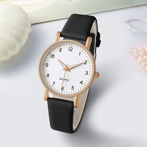 PU Leather Quartz Watch With Elegant Rose Gold Accents
