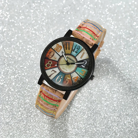 Stylish Casual Quartz Watch with  Wooden-Like Textured Band