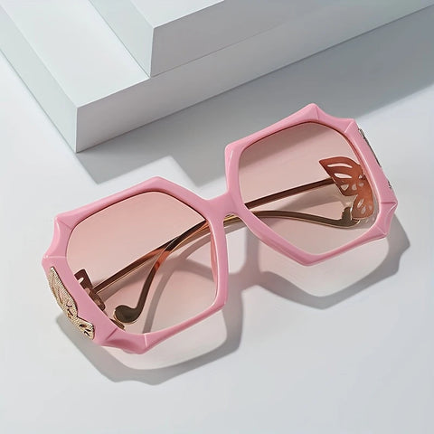 Geometric Oversized Pink Glasses with Butterfly Decoration