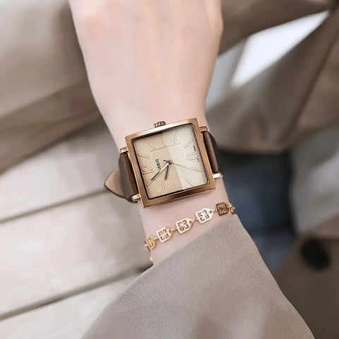 Large Square Quartz Watch With Classic PU Leather